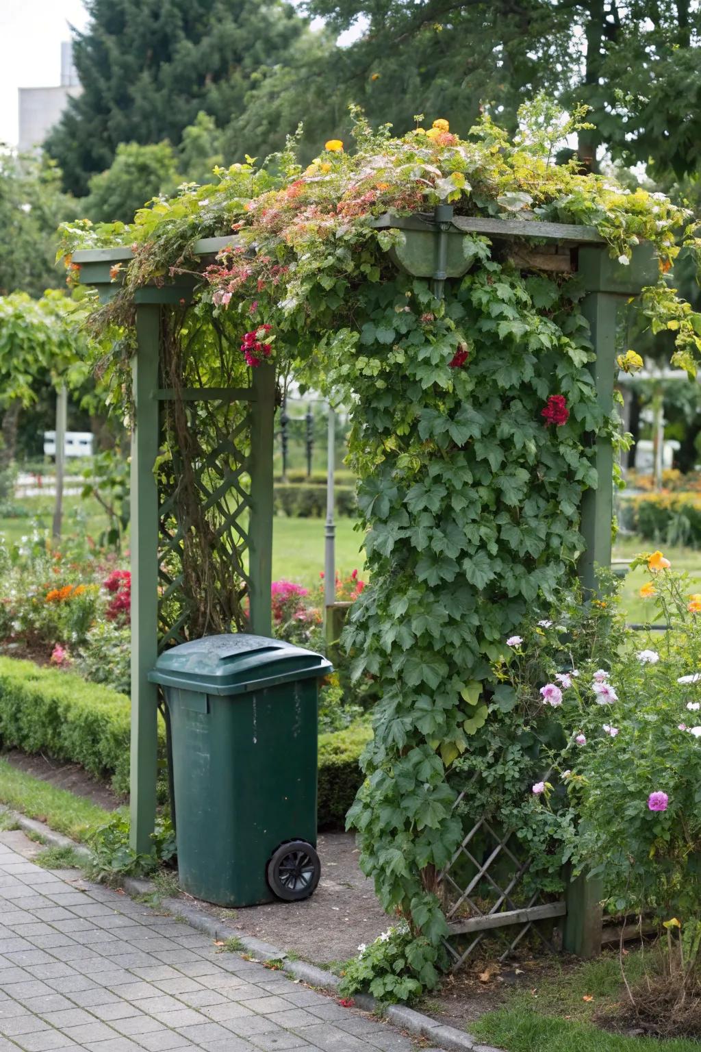 A garden trellis dotted with climbing greenery attractively conceals trash receptacles.