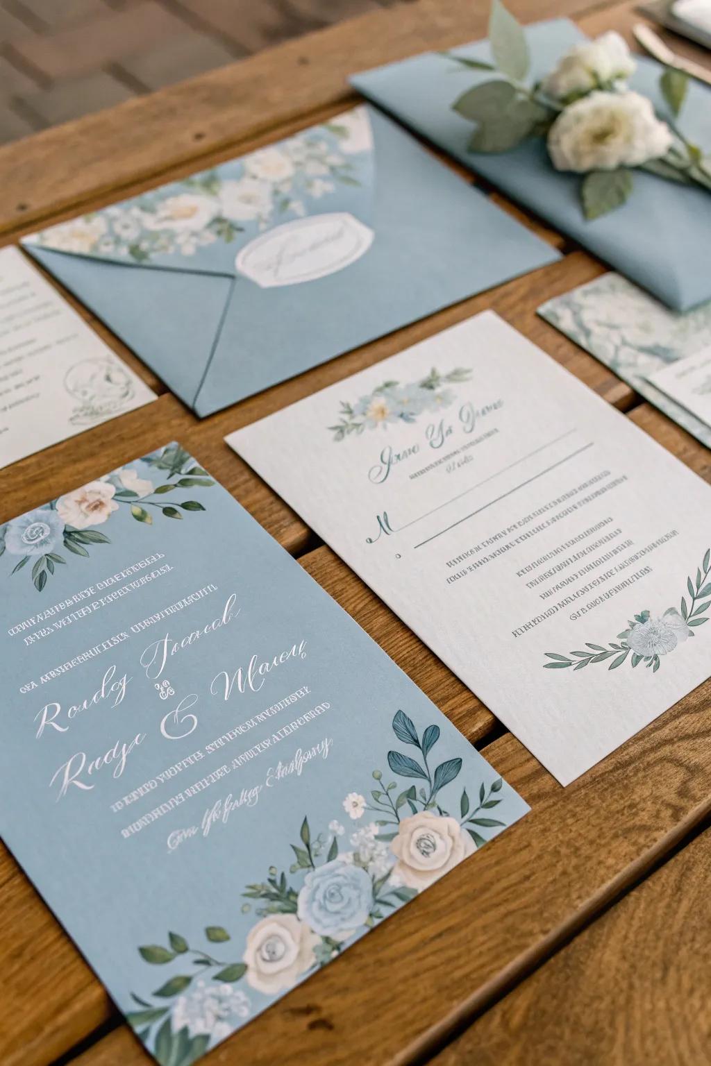 Chic and refined soft teal invitations that establish the ideal mood for your ceremony.