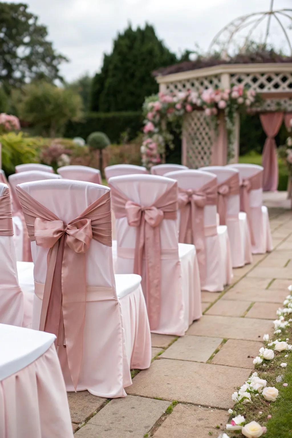 Elegant seating adorned with vintage rose liners.
