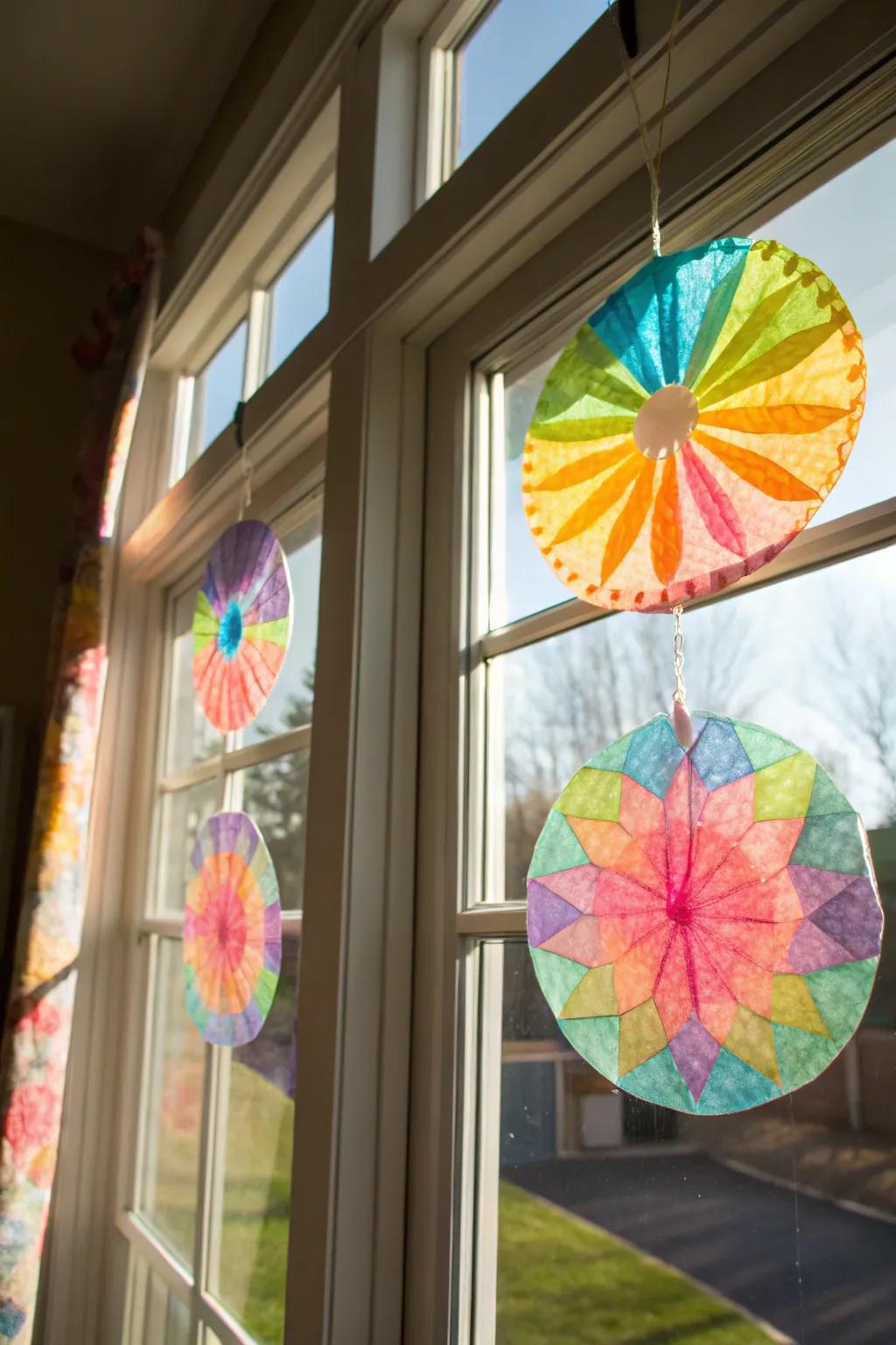 Coffee sieve suncatchers seizing sunlight.