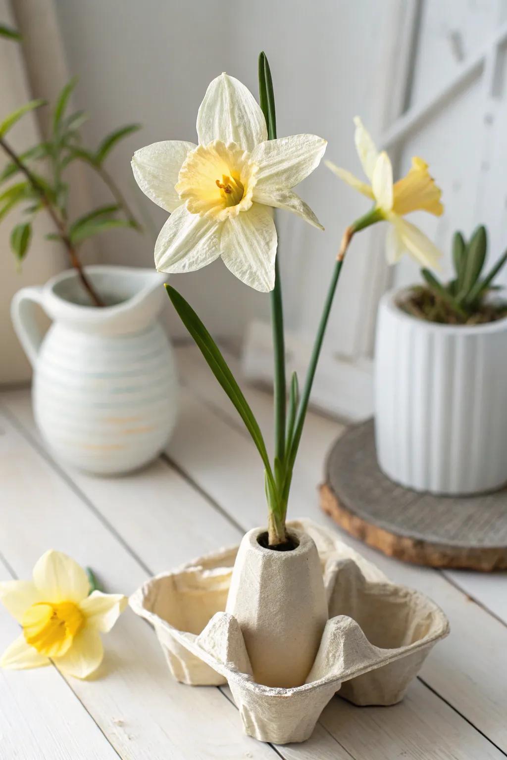 Embrace the allure of spring with eco-friendly elegance: Upcycled Egg Carton Daffodil 🌼 #SpringCrafts #MinimalistBeauty