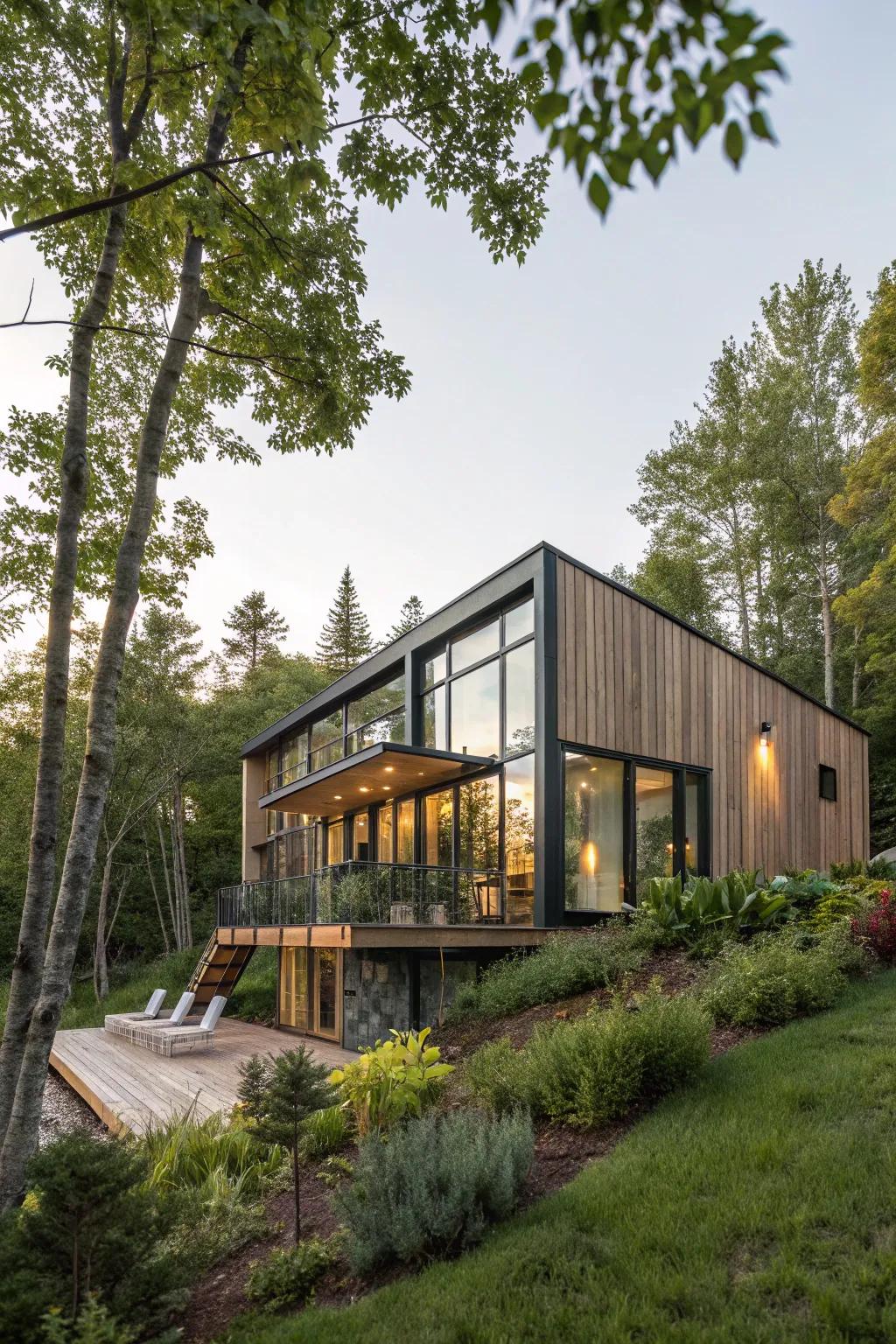 A stylish modular home built with sustainable materials, nestled in a natural setting.