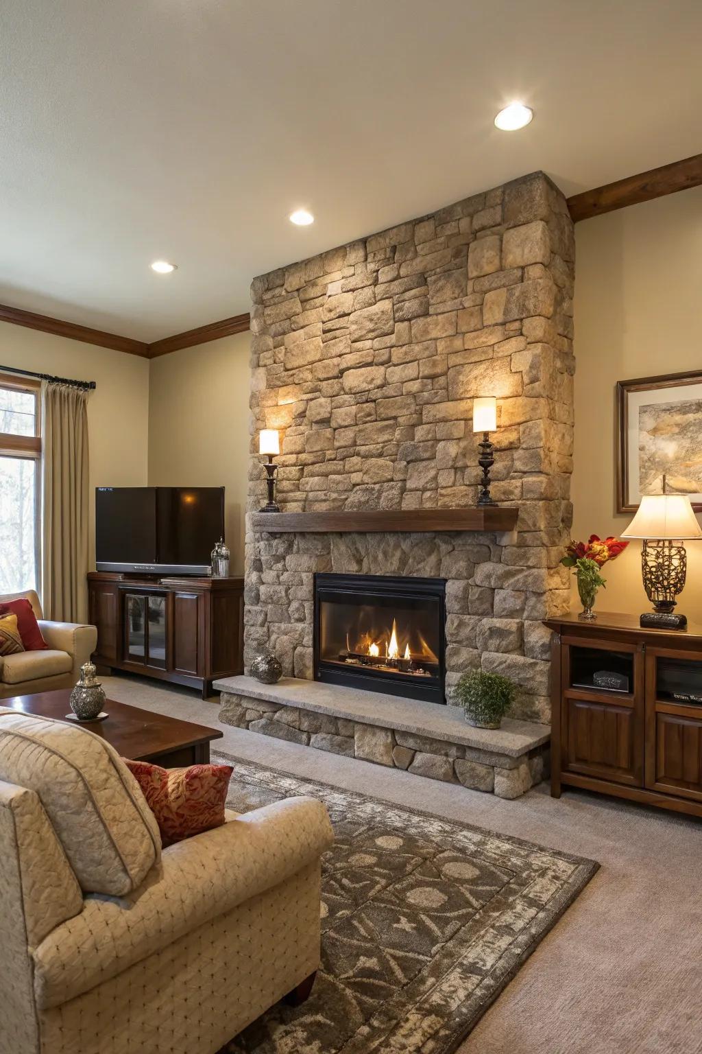 A rock accent feature showcasing an integrated electric heat center