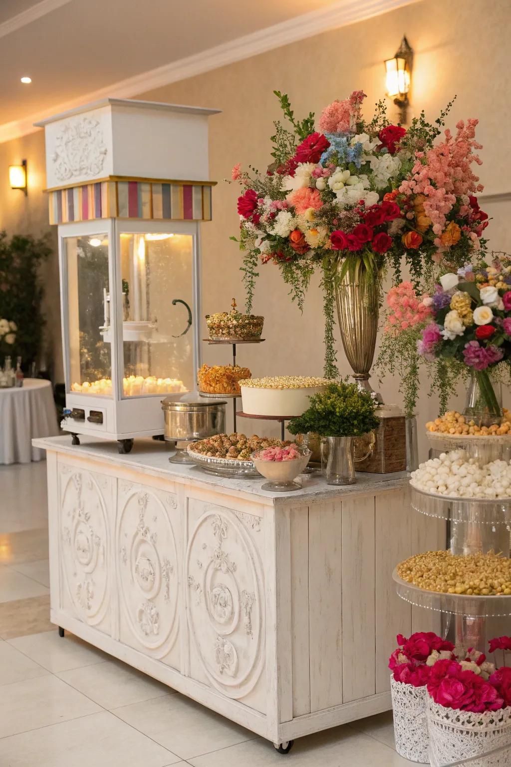 An elegant popcorn station table with abundant floral decorations, enhancing the wedding's sophistication.