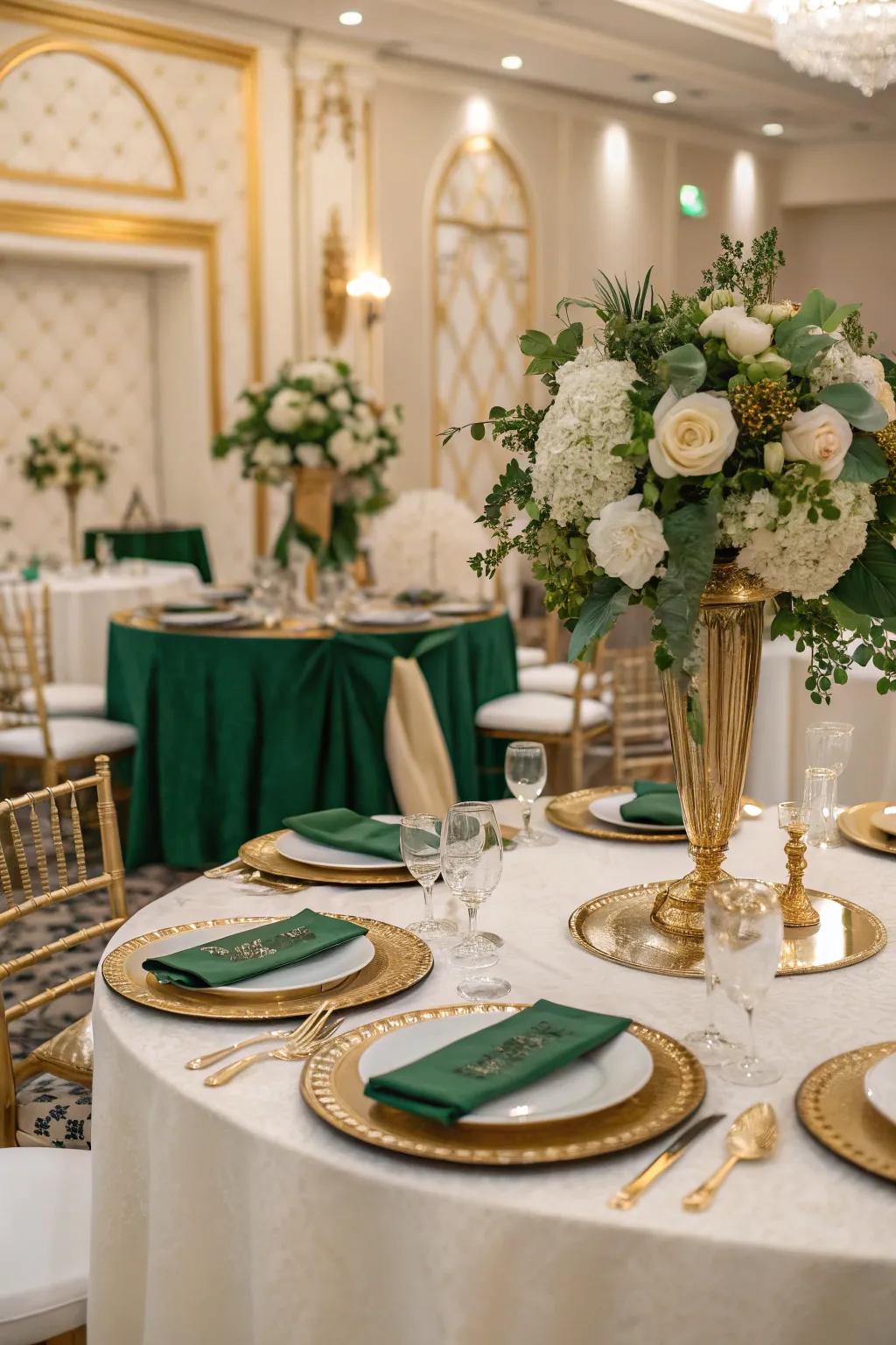 A refined color scheme featuring teal, gold, and cream.