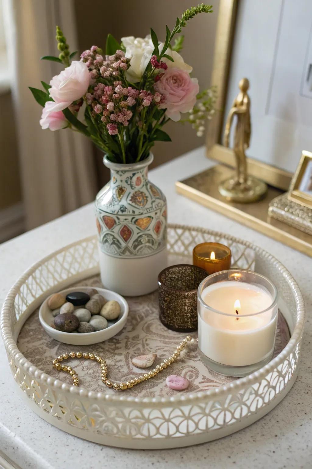 A decorative platter organizing side table decorations.