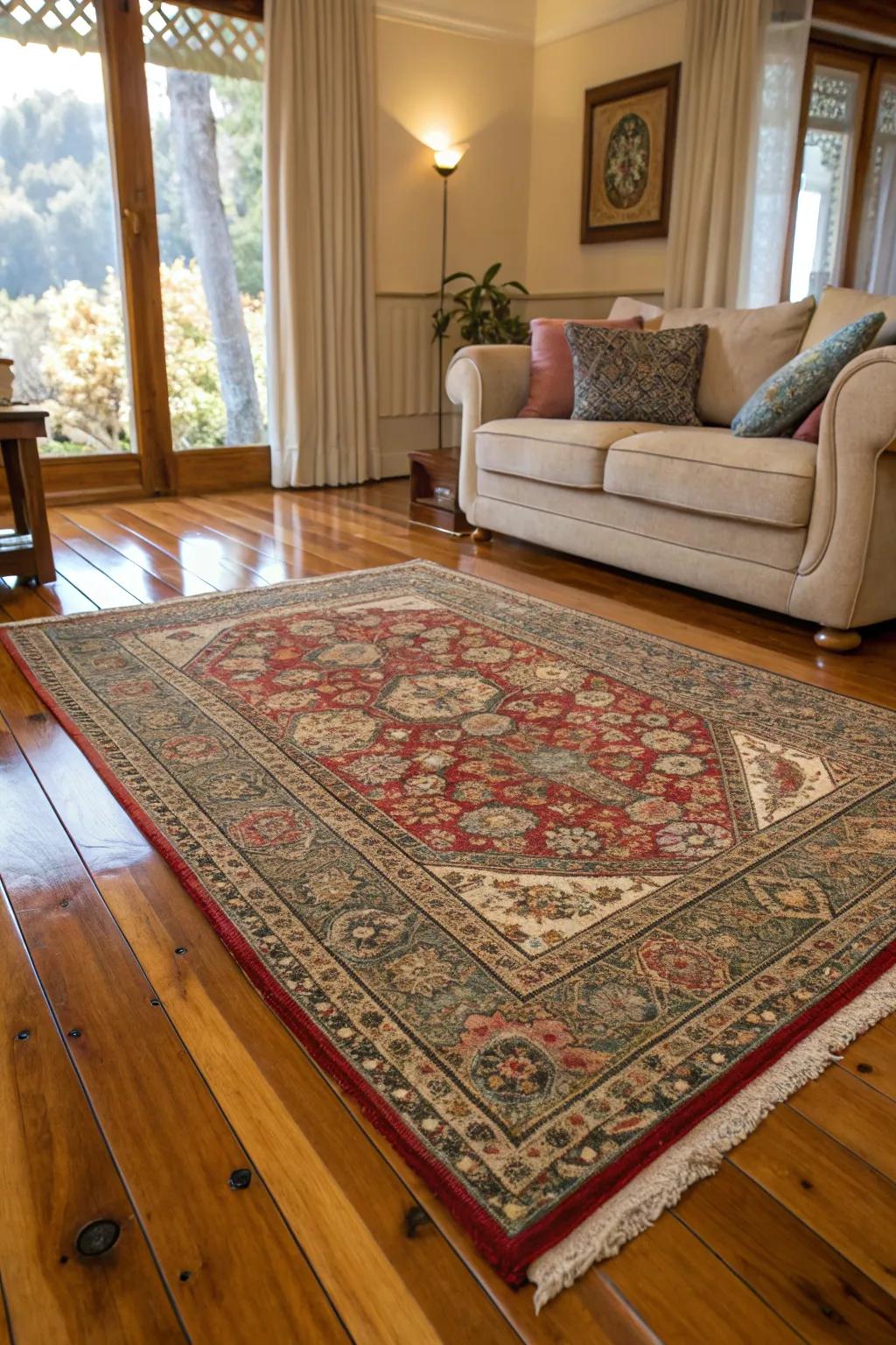 Patterned floor coverings append heat and feel to the area.