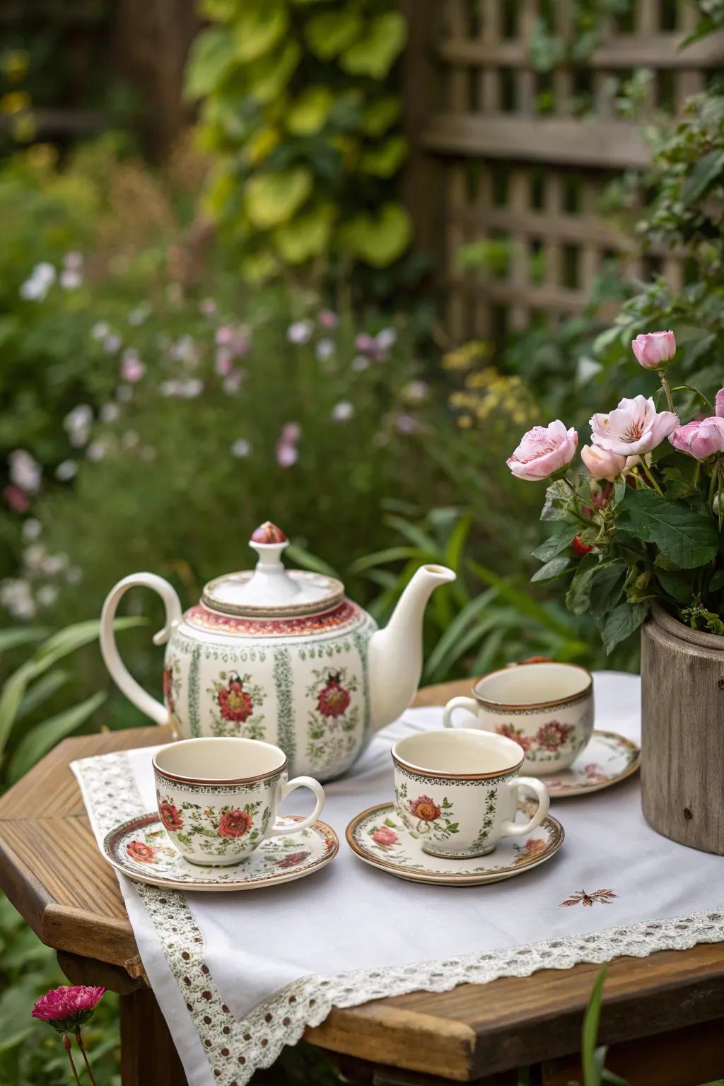 An alluring tea set is prepared for an afternoon event.