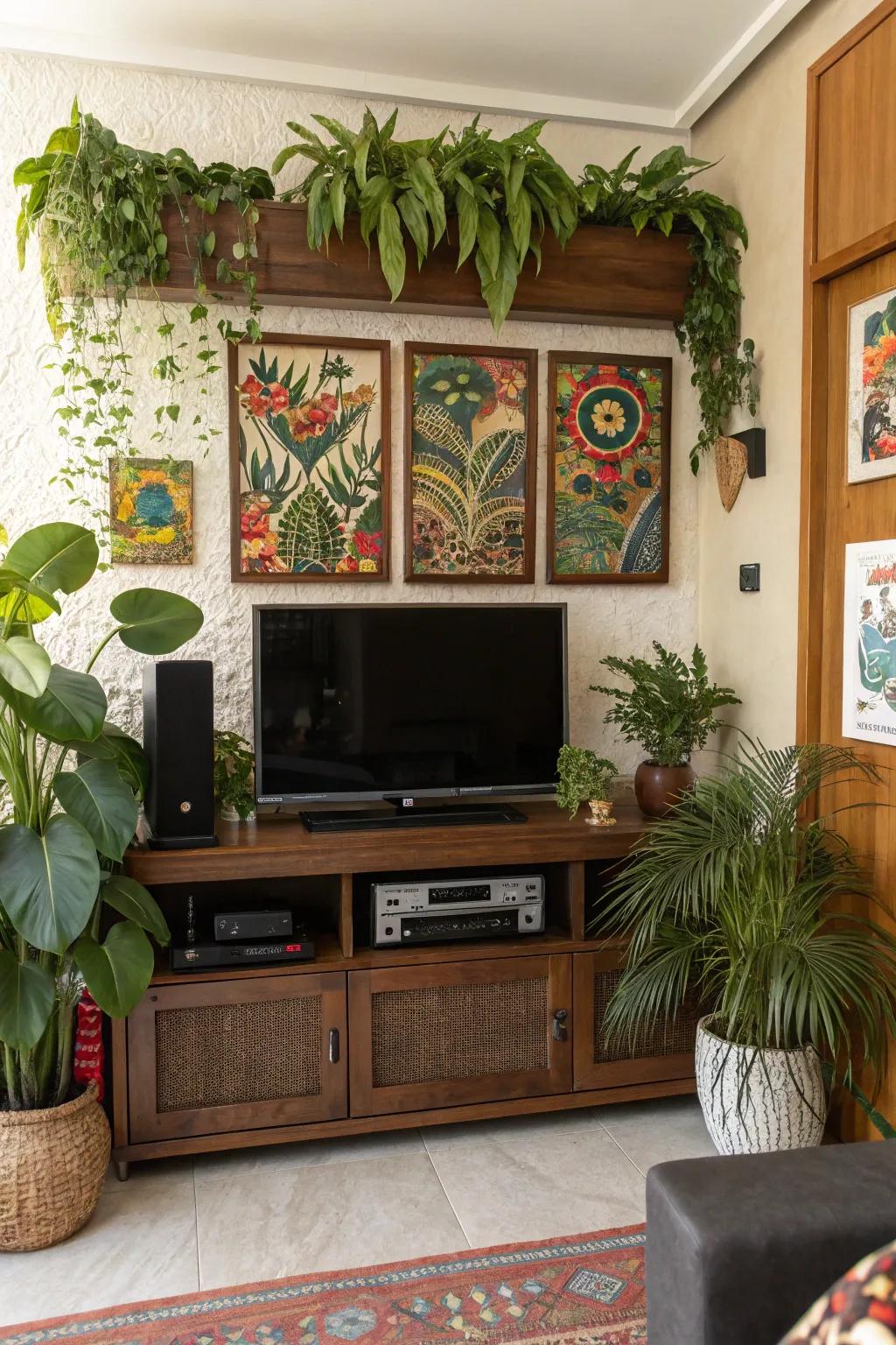 Artistic embellishments such as botanicals and art inject dynamism into this entertainment space.