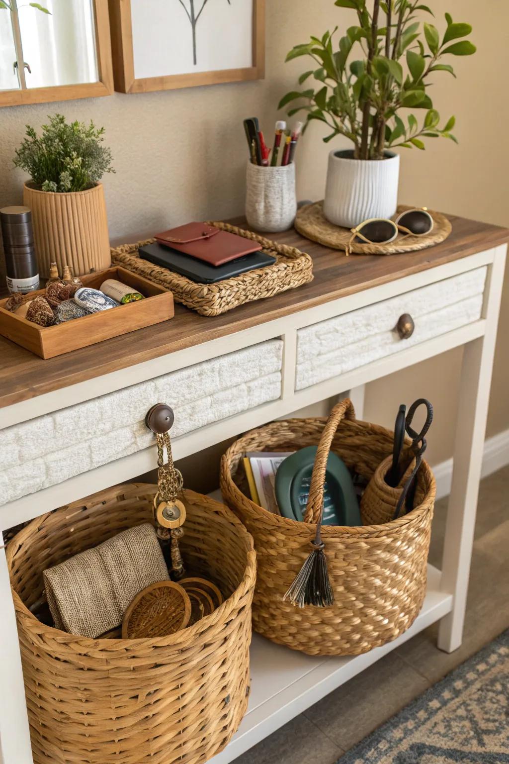 Containers provide fashionable storage options for any entryway.