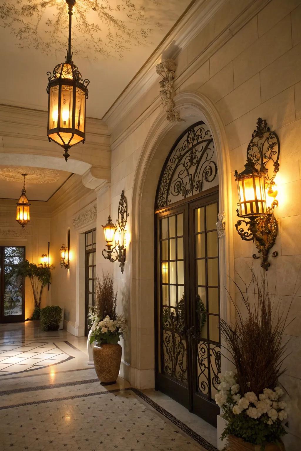 An entryway illuminated by elaborate wall sconces, crafting a sophisticated atmosphere.