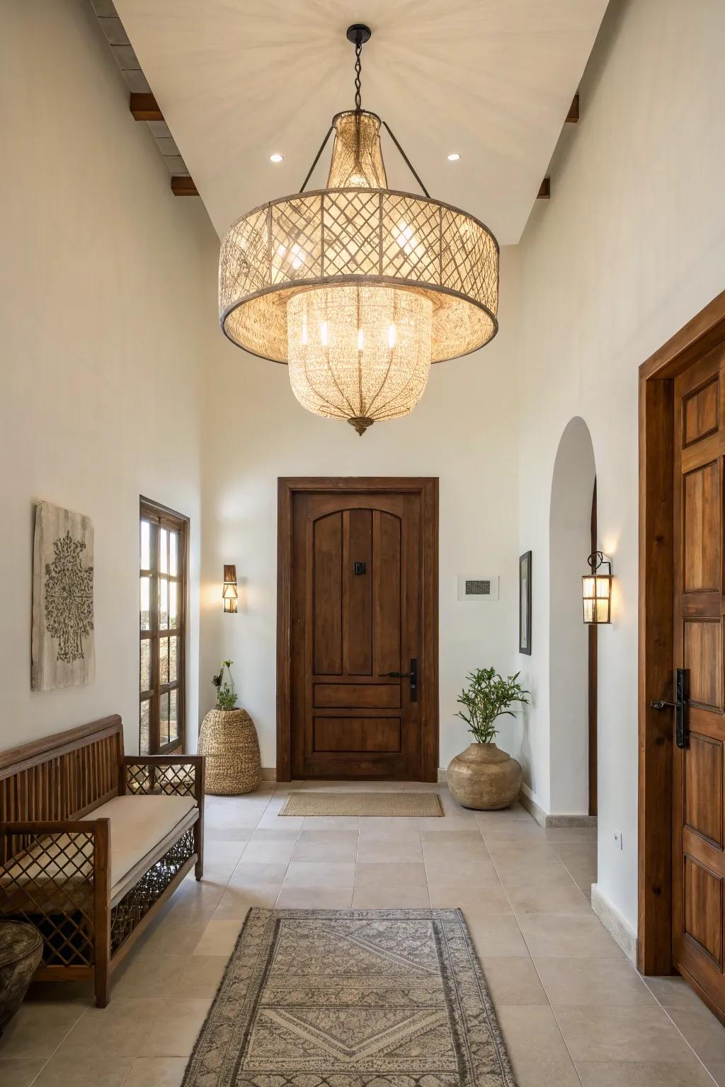 Statement lighting brightens and uplifts foyer aesthetics.