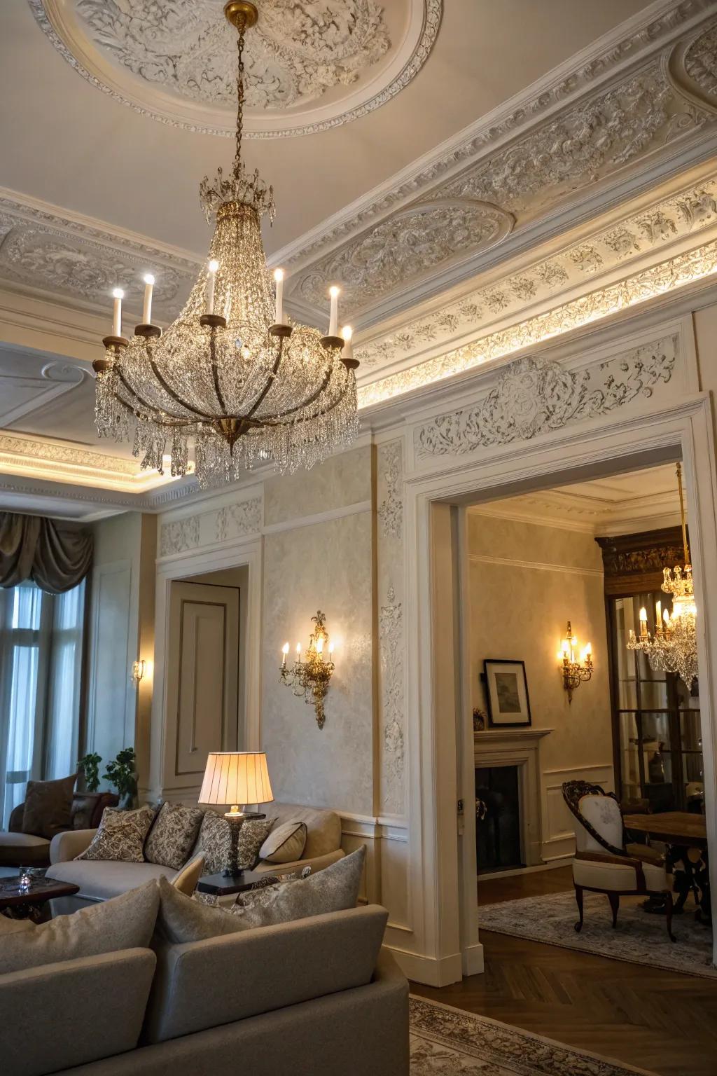 Decorative accents enhance the elegance of this European-inspired living area.