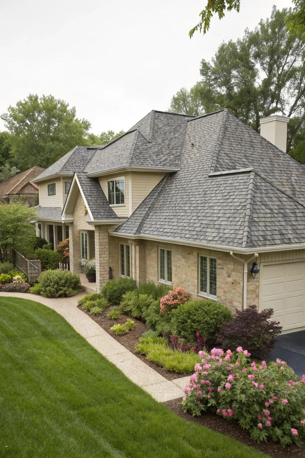 A home featuring newly installed layered shingles.
