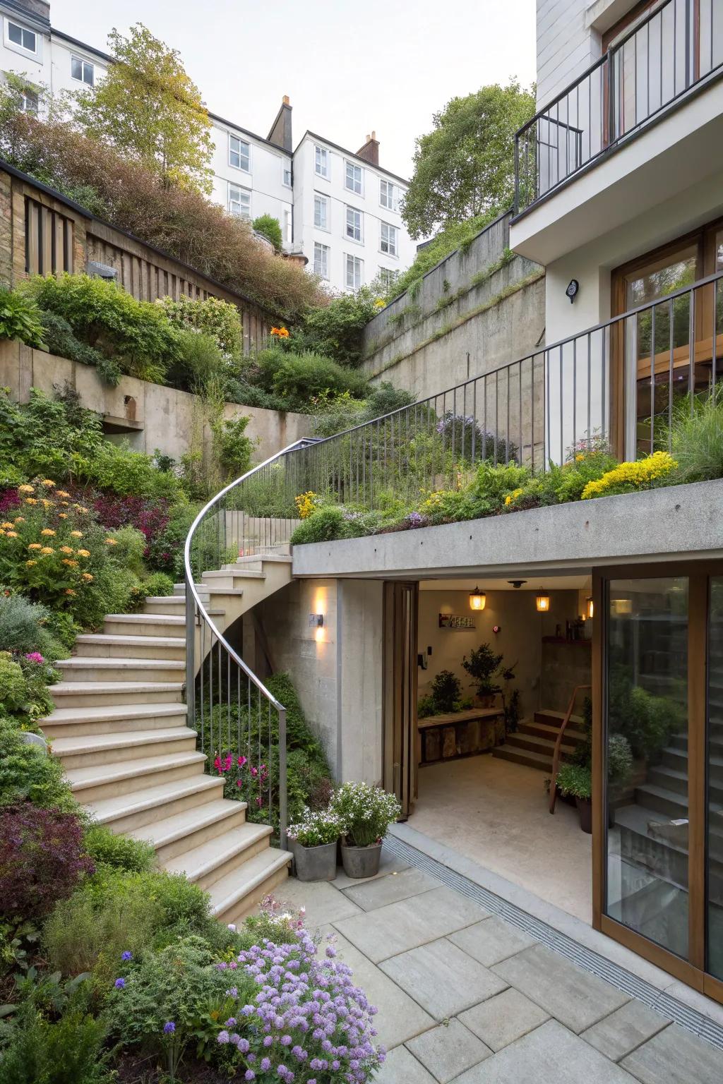 A multi-layered terrace with steps linking the basement to the garden.