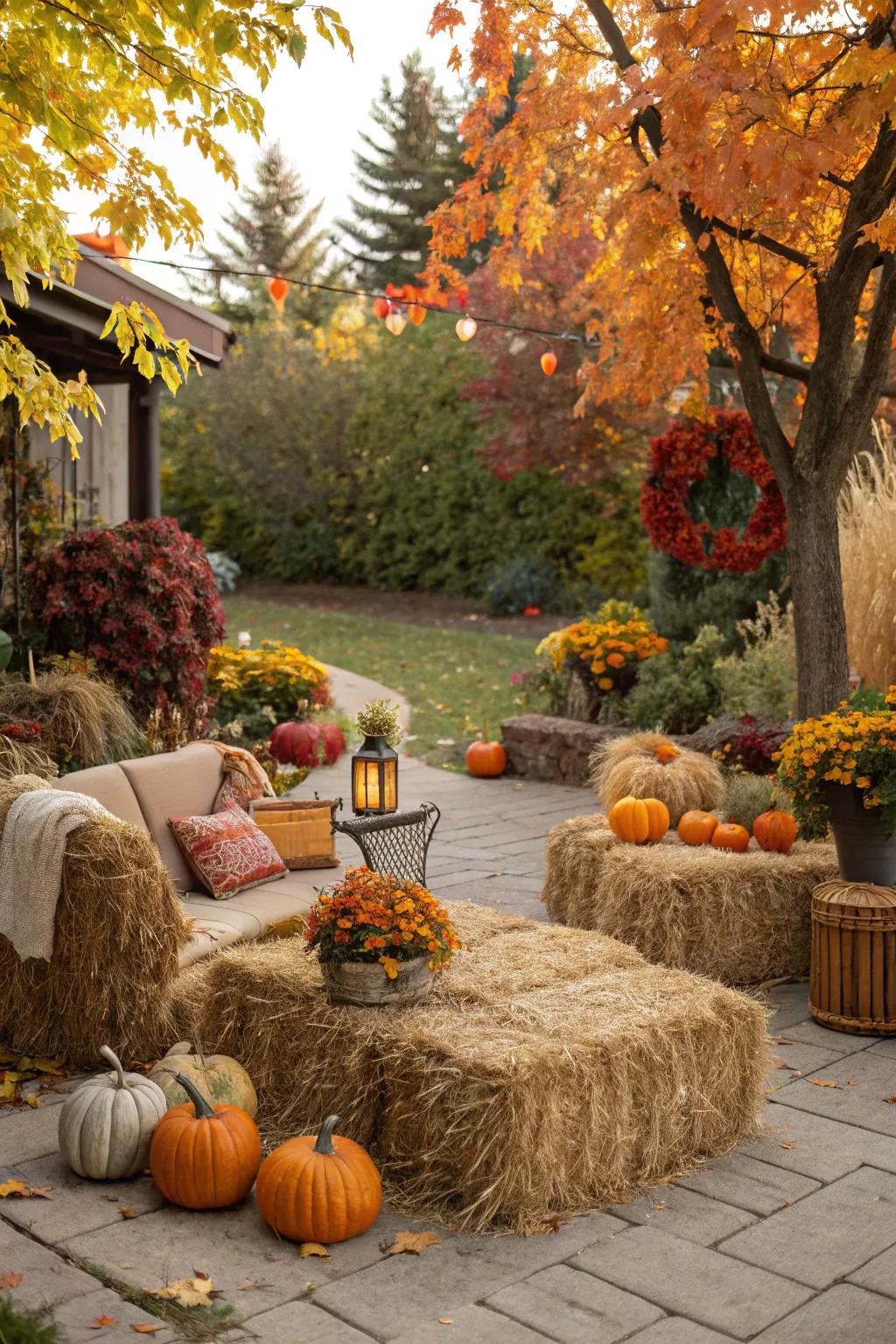 Hay bales create a rustic seating area in an autumn garden.