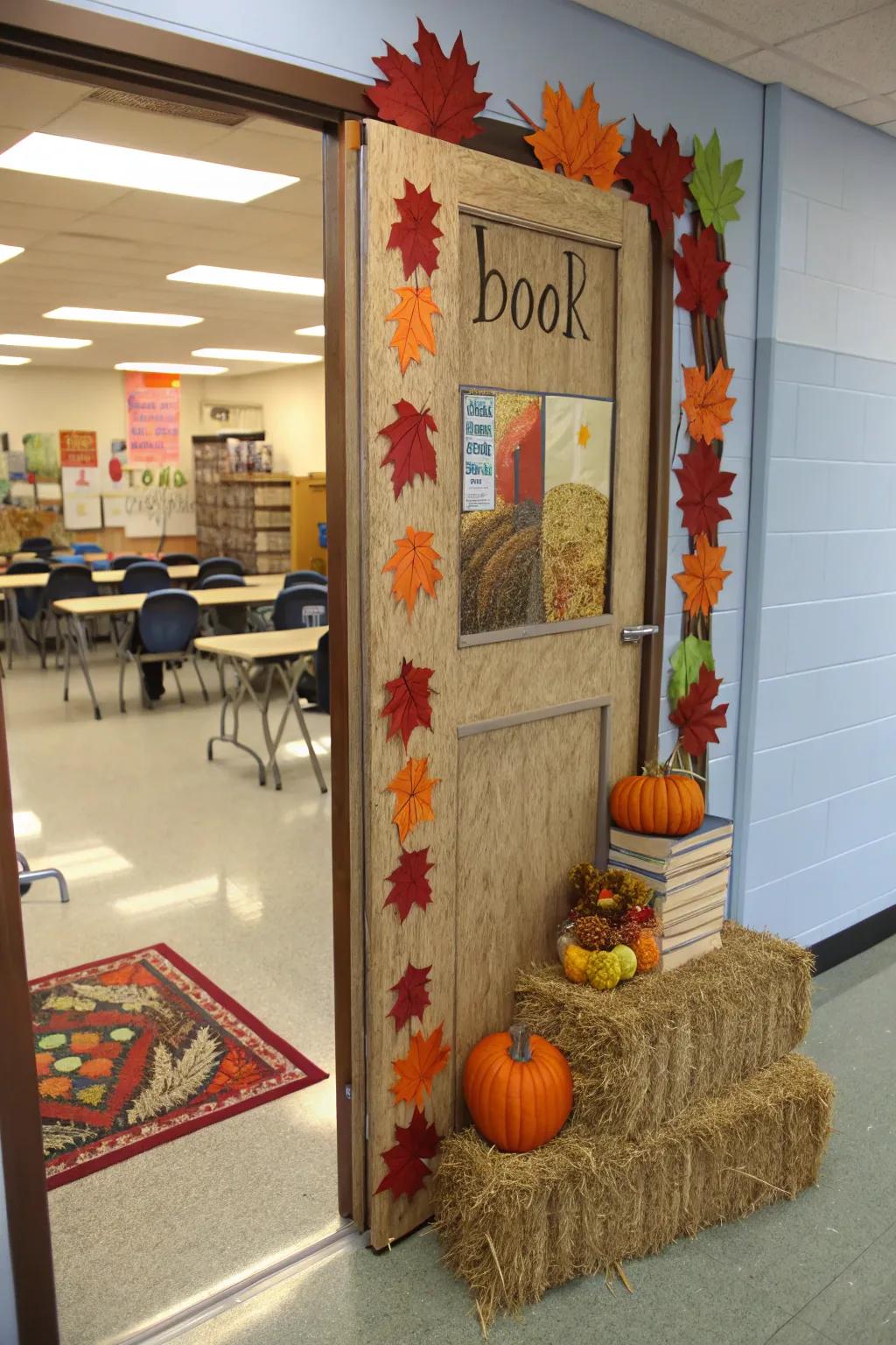A harvest-inspired doorway featuring literature and hay bundles.