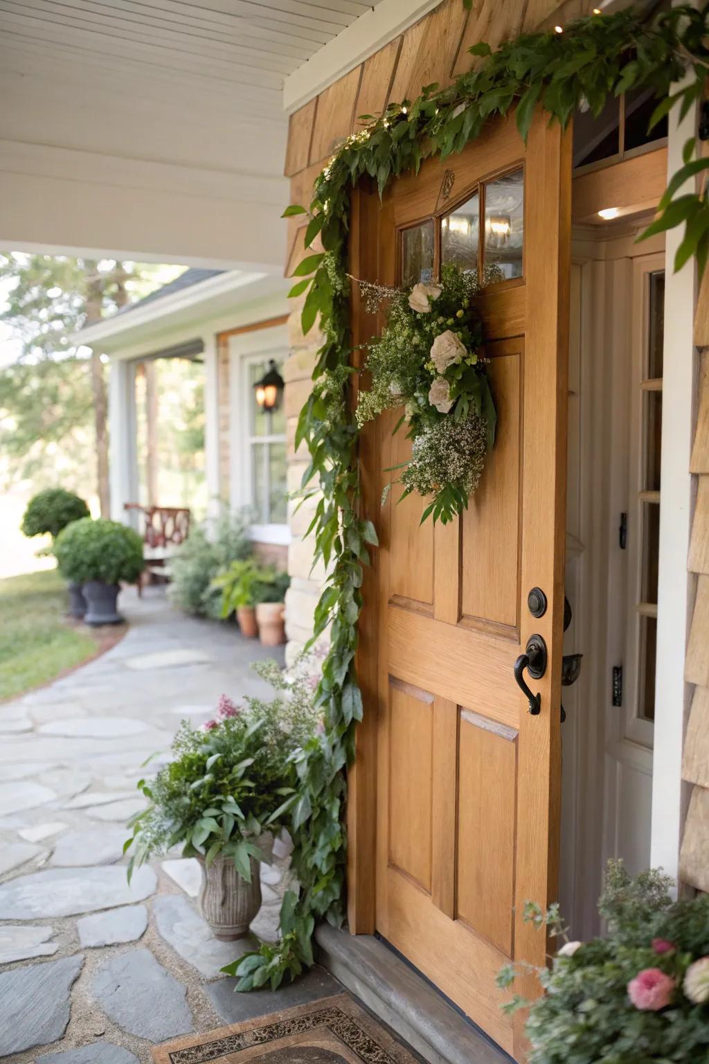 A lavish swag of autumn leaves prettifies the doorway.