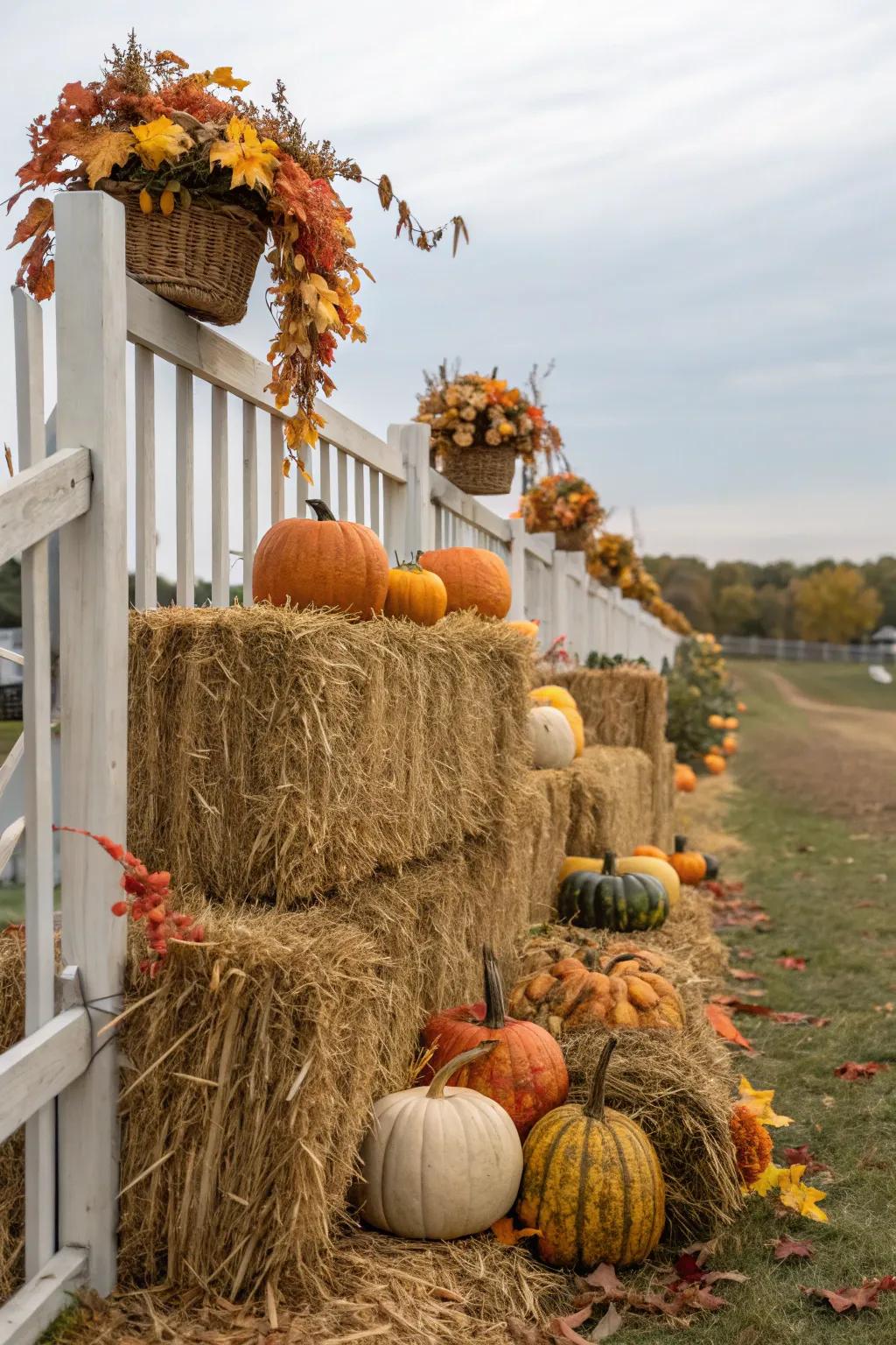 Hay bales act as platforms for autumn ornamentation, deepening the visual impression.