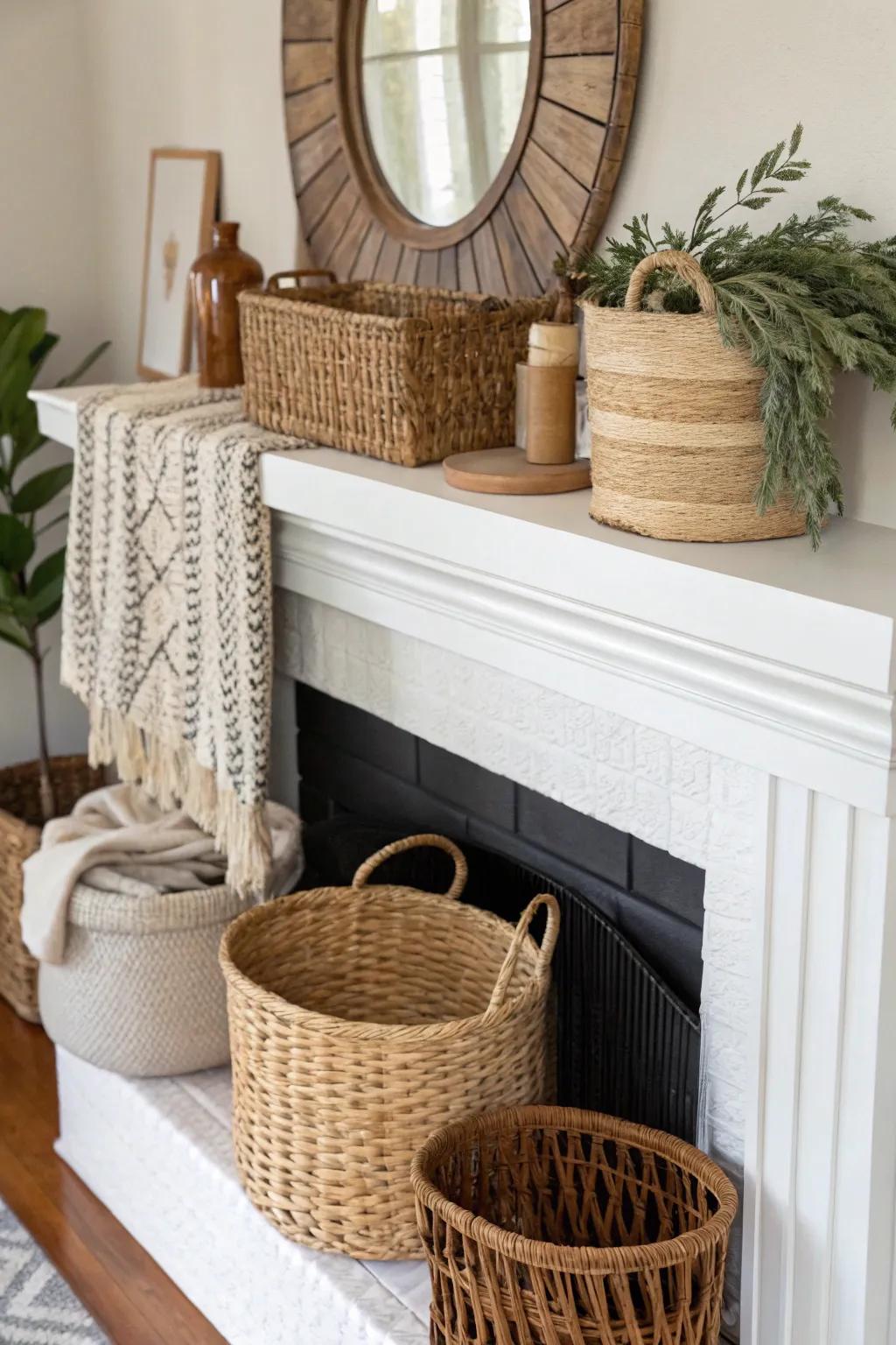 A fireplace enhanced with wicker hampers and interwoven textures.