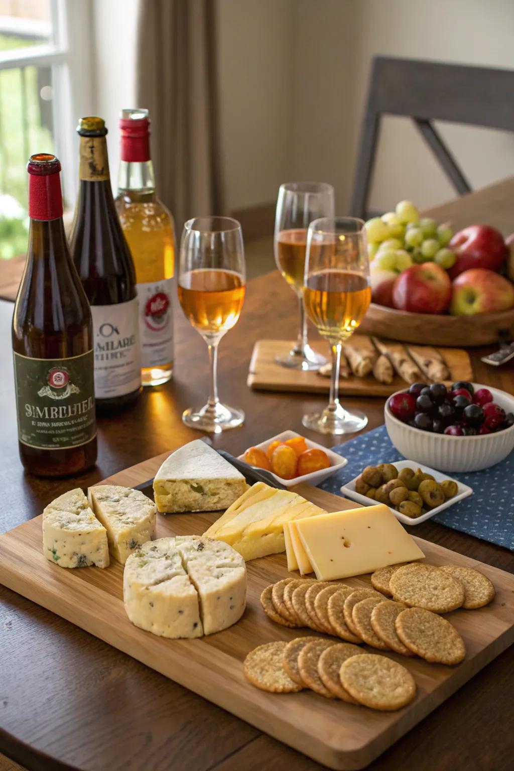 An attractive cider tasting arrangement with cheeses and appetizers.
