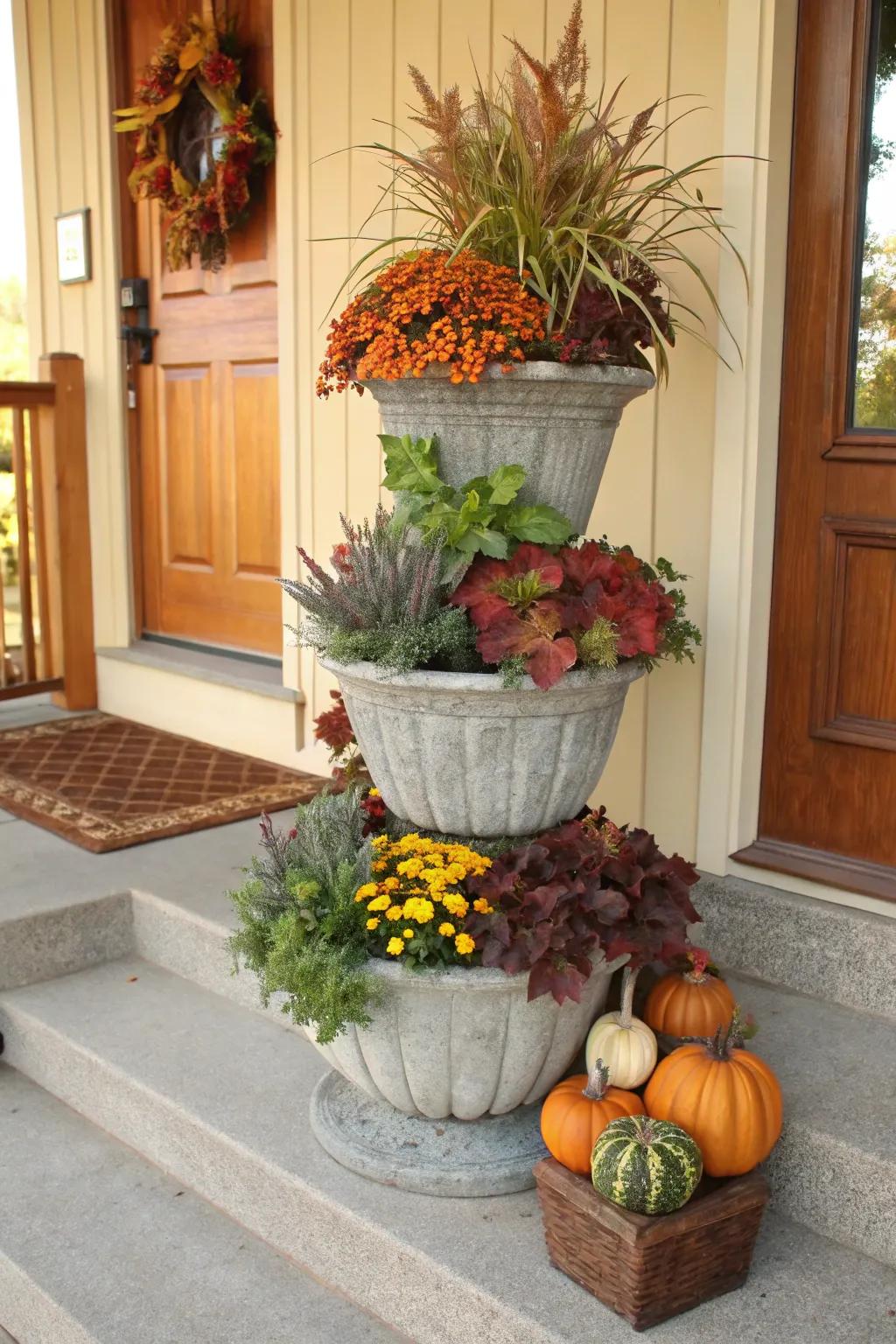 A multi-tiered display introduces dimension and fascination to your autumn decorations.