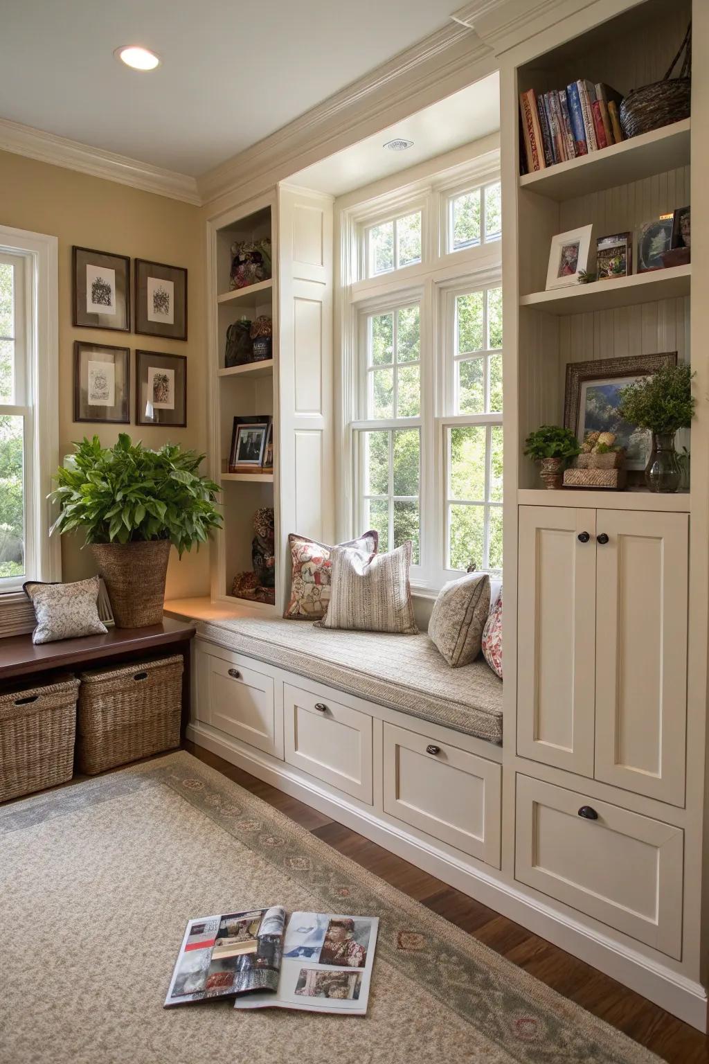 A family room equipped with ingenious hidden storage options.