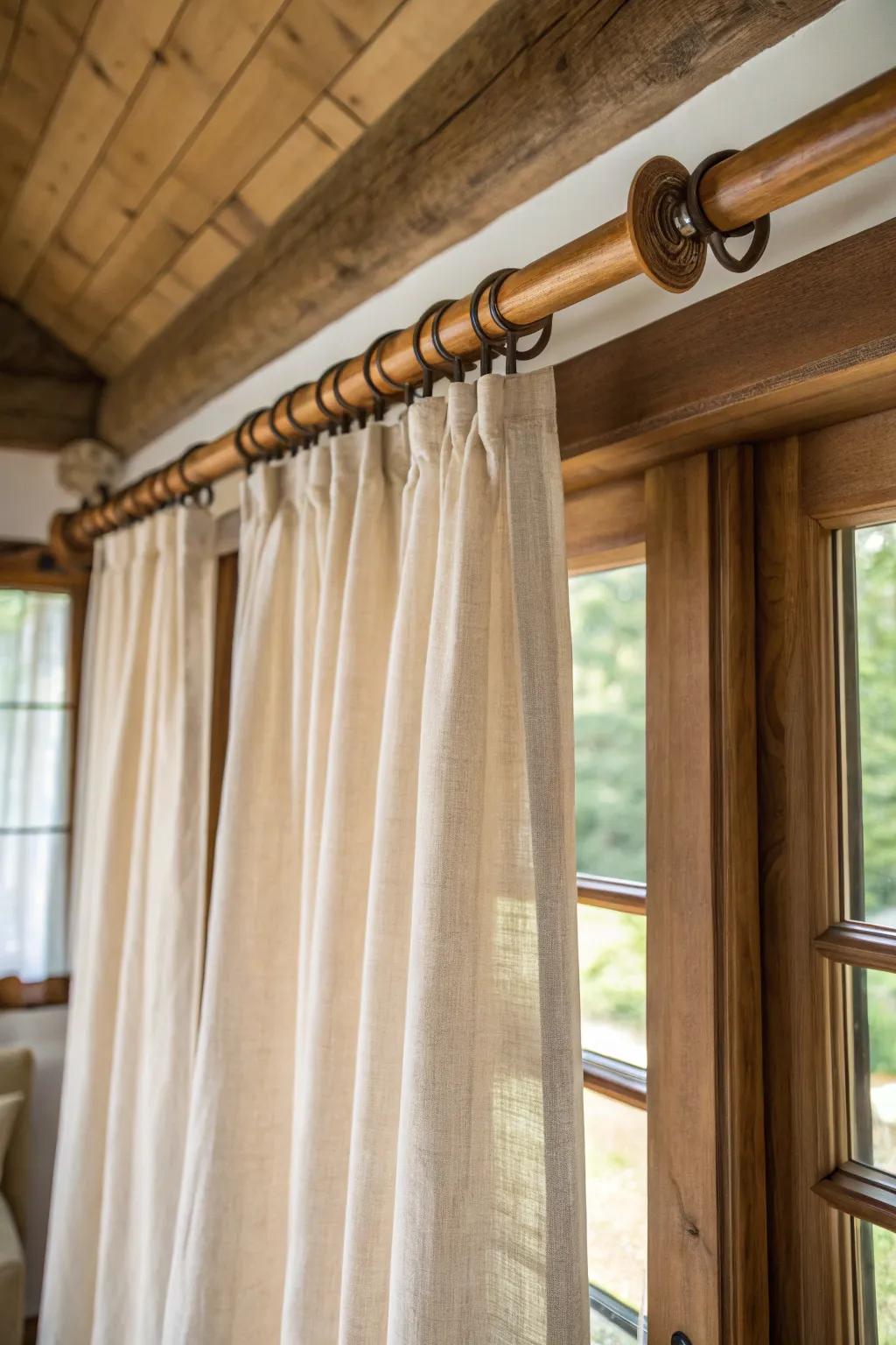 Timber curtain poles paired with flax coverings within a comfy countryside setup.