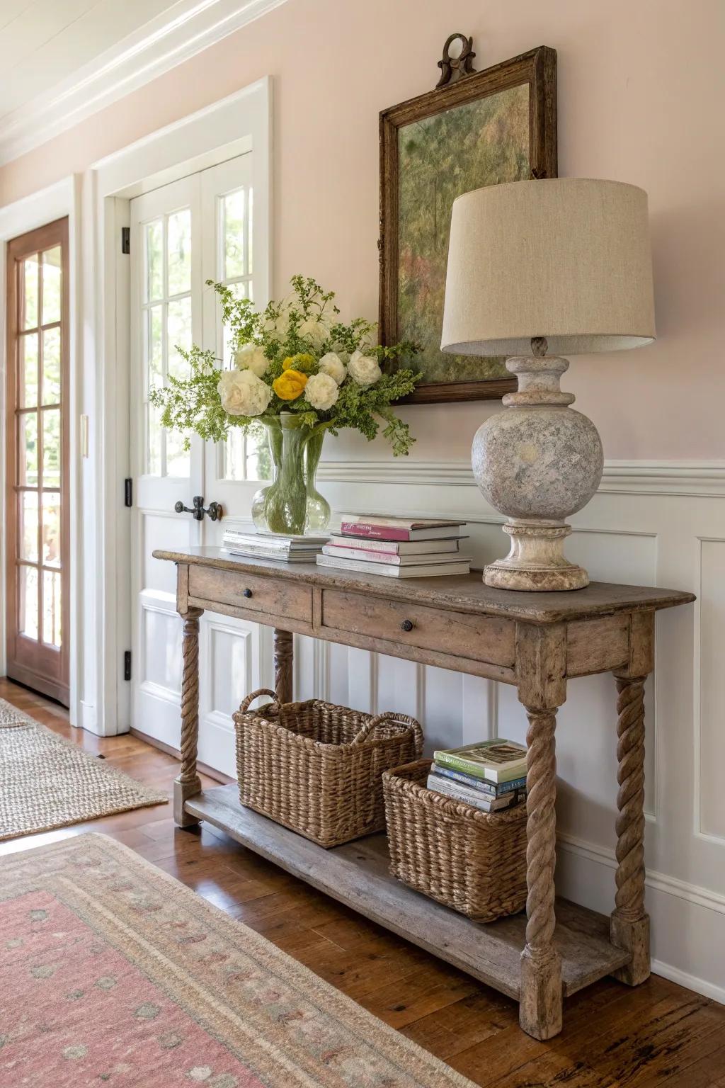 An entryway presenting a vintage console table that radiates charm.