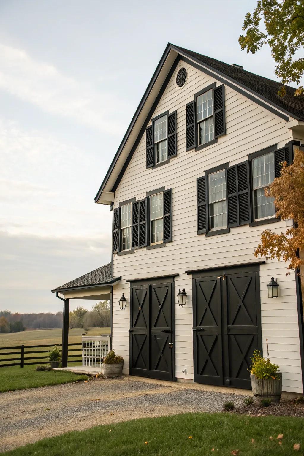 Striking black features add sophistication to this farmhouse.