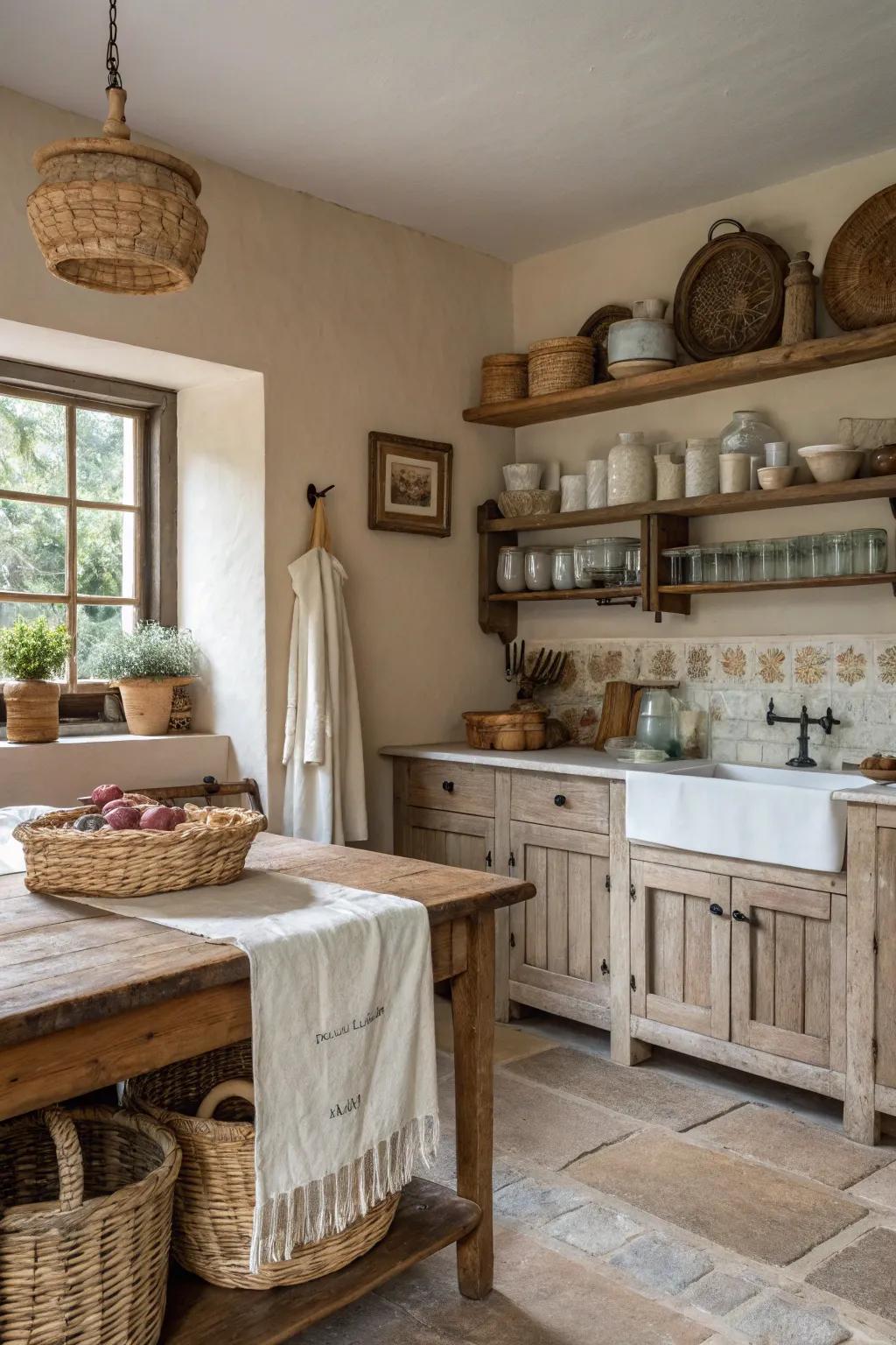 Soft fabrics improving the warmth of a country-style cooking space.