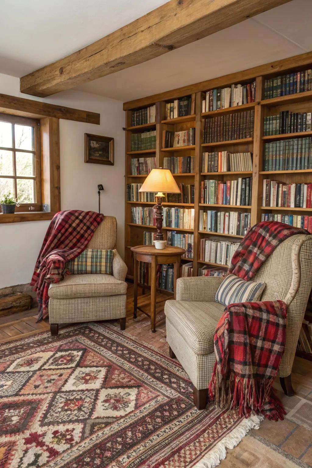 Comforting cloths like plaid throws and floor coverings add warmth to the library.