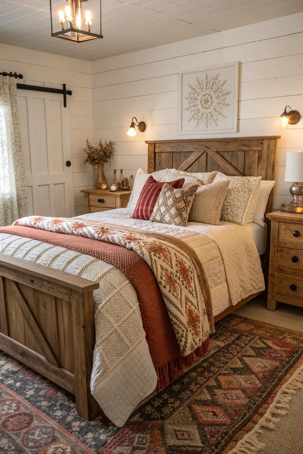 Layered bedding adds heat and comfort to the space.