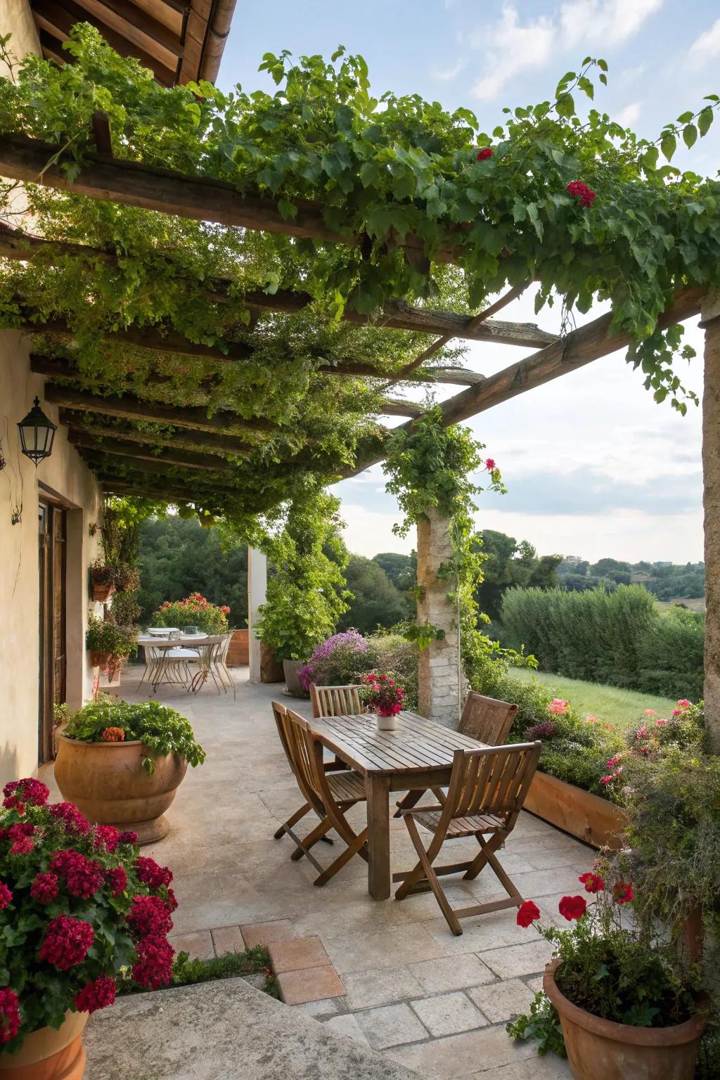 A pergola cloaked in foliage fashions a scenic patio canopy.