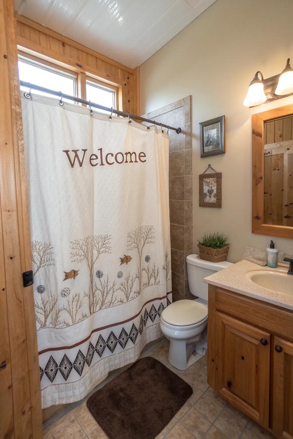 A lavatory featuring a shower drape with heartfelt and welcoming greeting inscriptions.