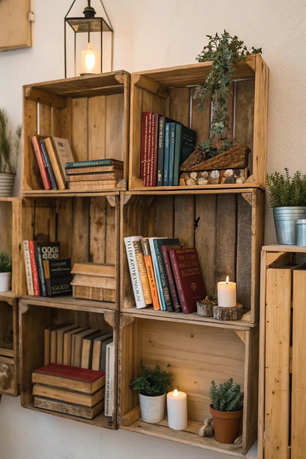 Innovative shelving utilizing mounted wood boxes.
