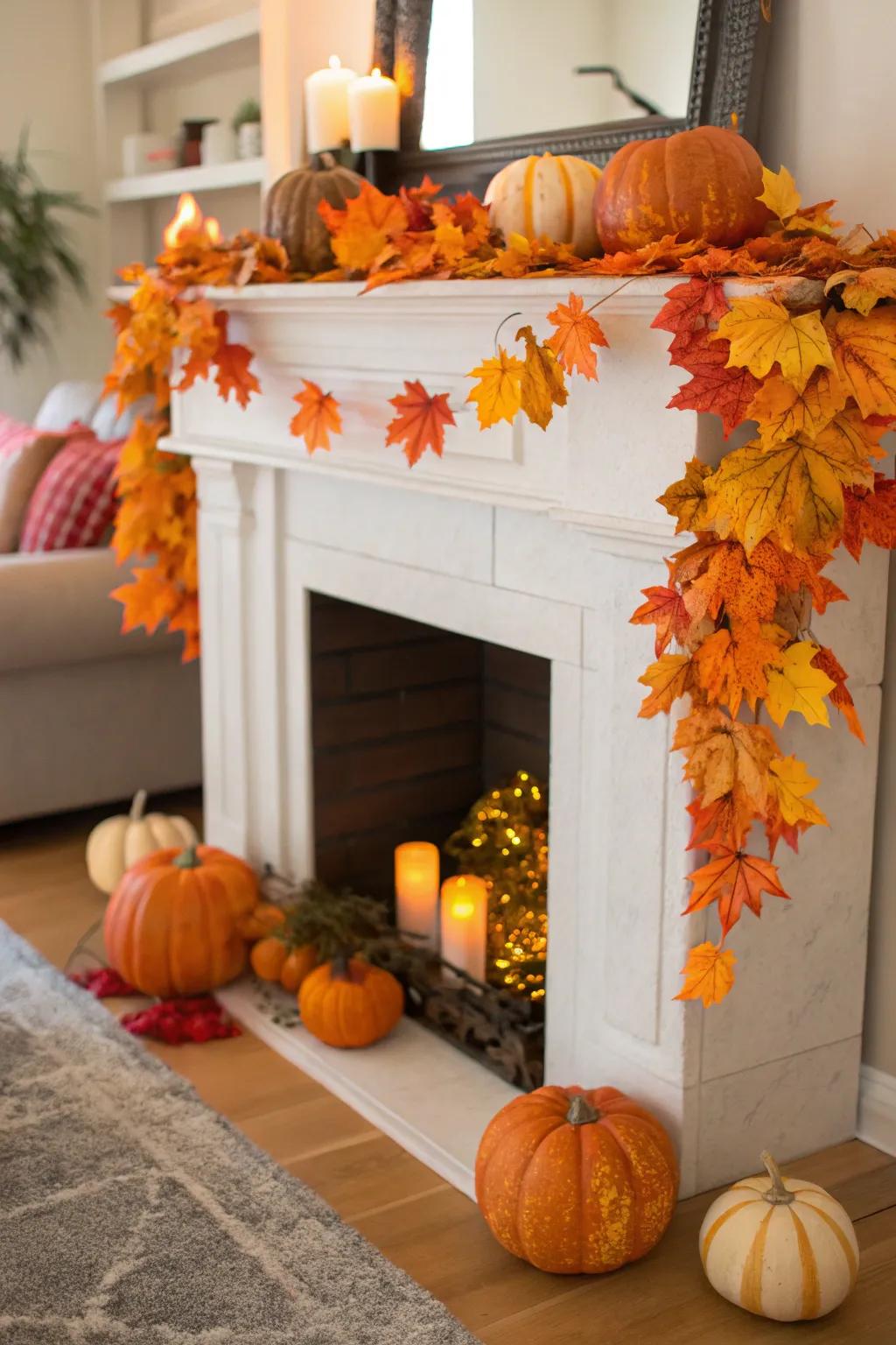 An artificial fireplace dressed in seasonal decorations for an autumnal atmosphere.