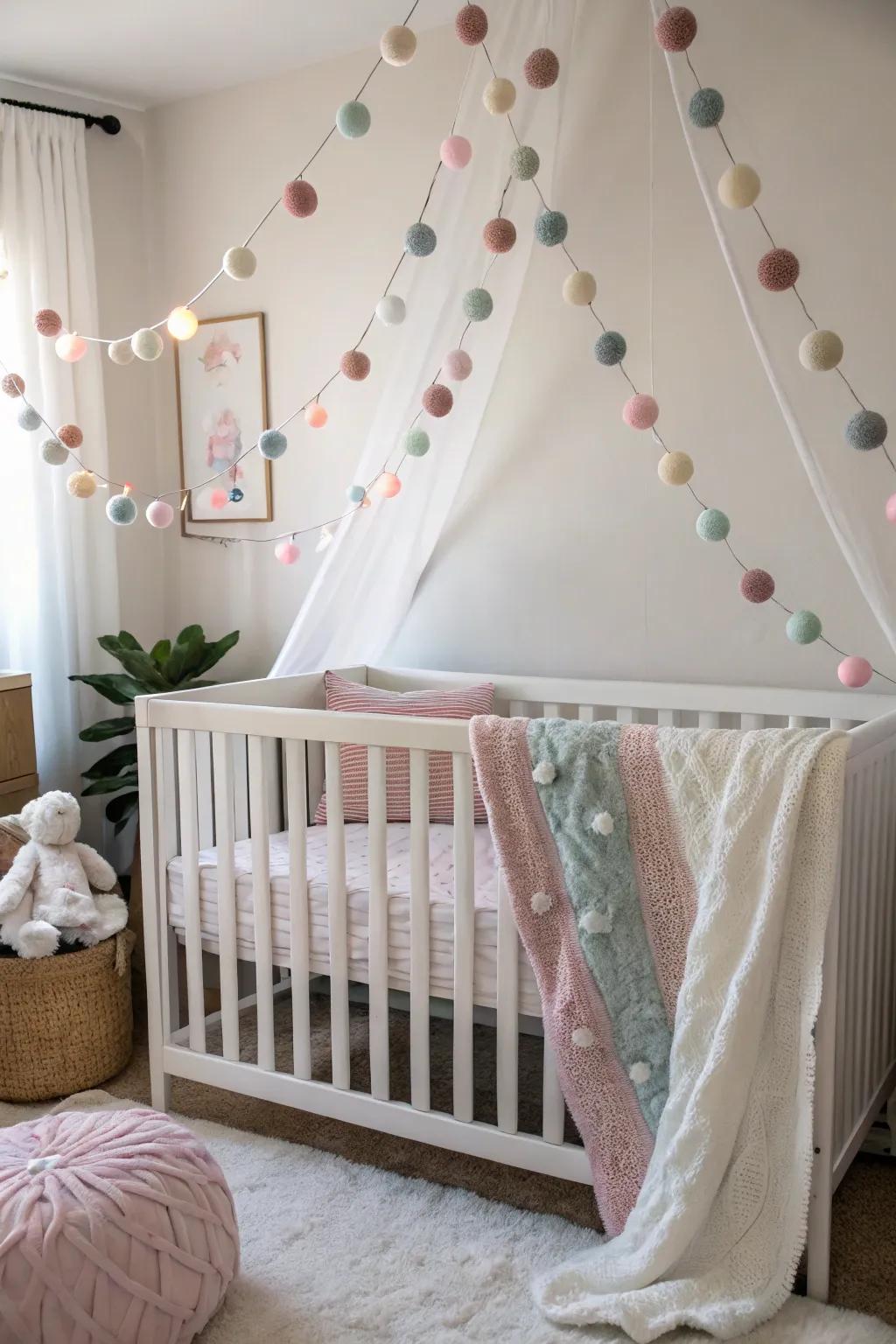 Soft sphere garlands fashion a tranquil and enchanting ambiance in nurseries.