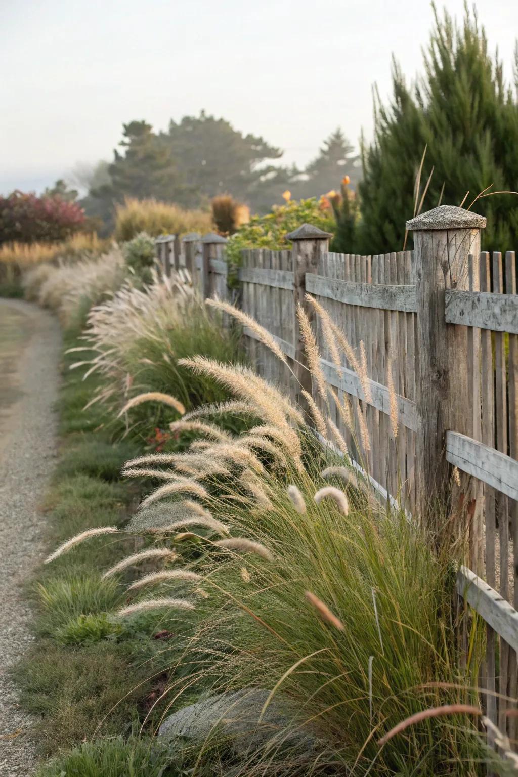 Fancy grasses introduce a soft, flowing aspect to your fence border.