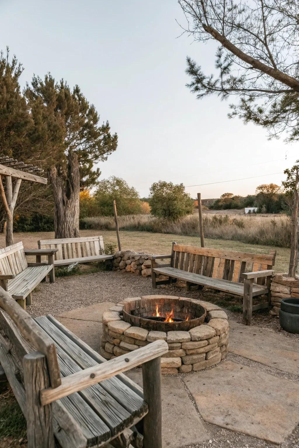 Country timber benches deliver a natural element to the fire pit space.