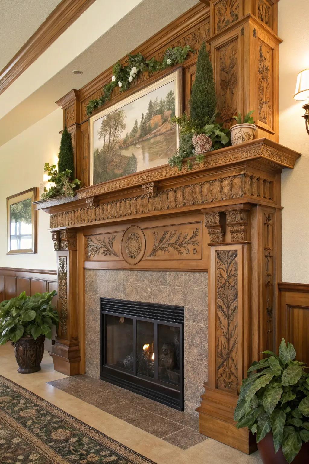 A prominent mantel acts as a stunning display space above the fireplace.