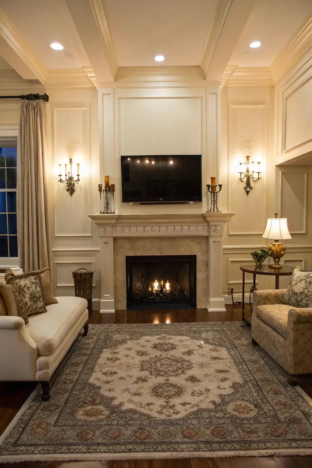 A symmetrically crafted living area featuring a fireplace and TV display.