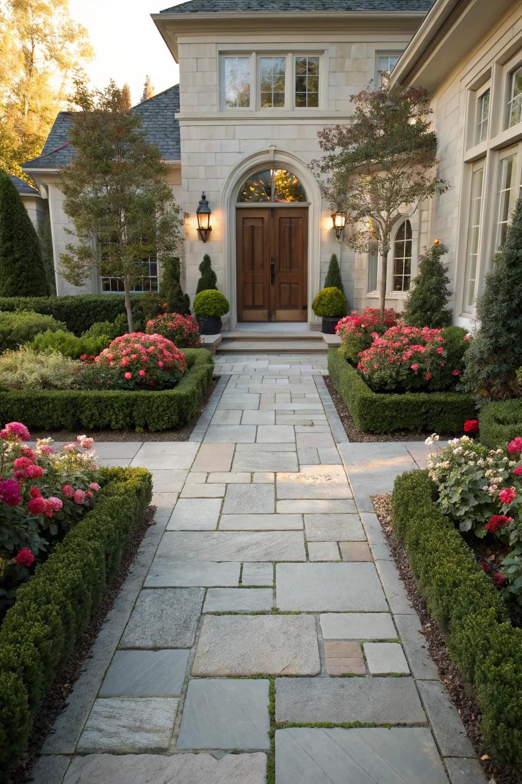 An inviting stone path leading to a hospitable home entrance.