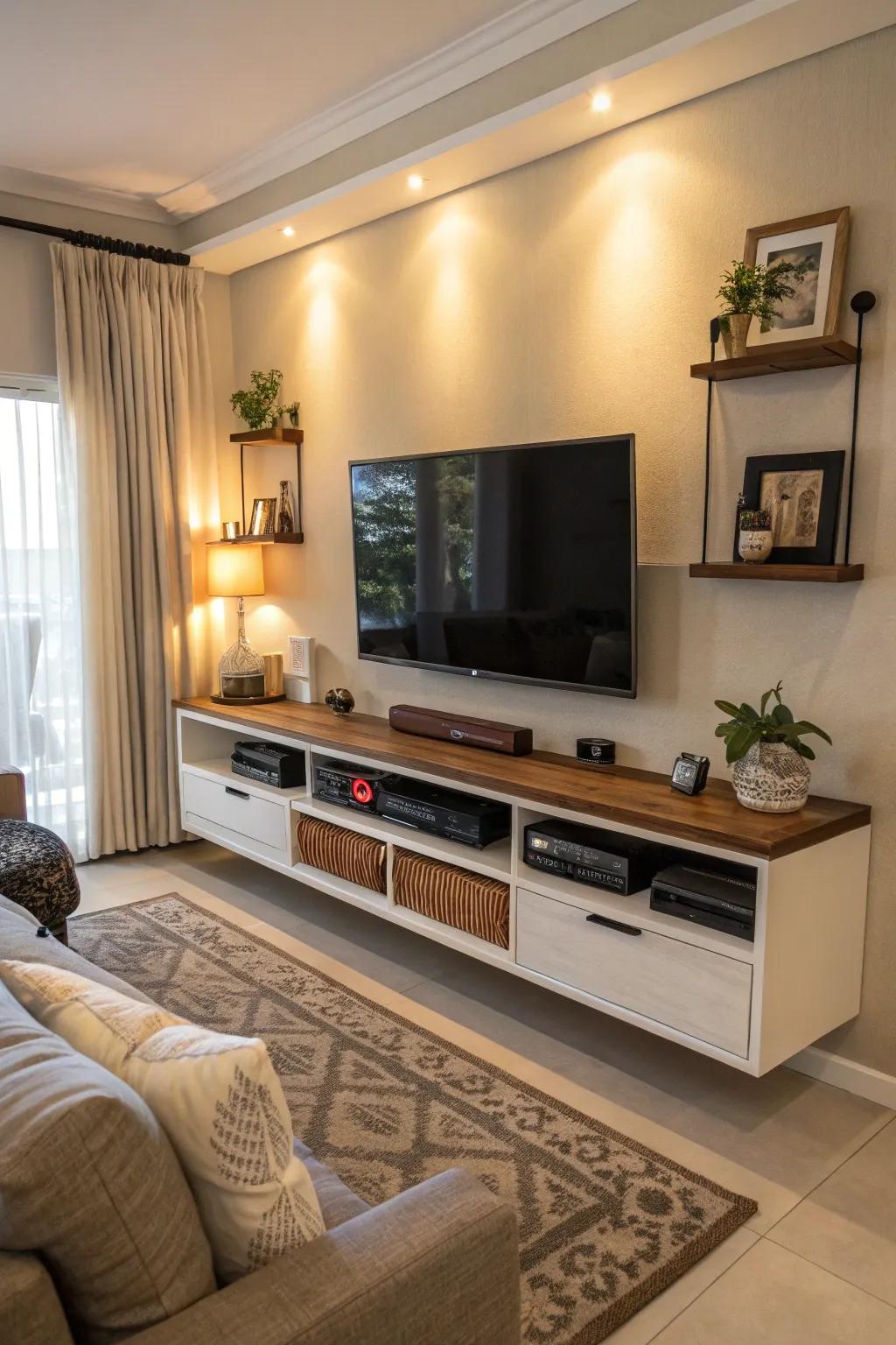 Preserve order in your area with a drifting ledge showcasing concealed storage.