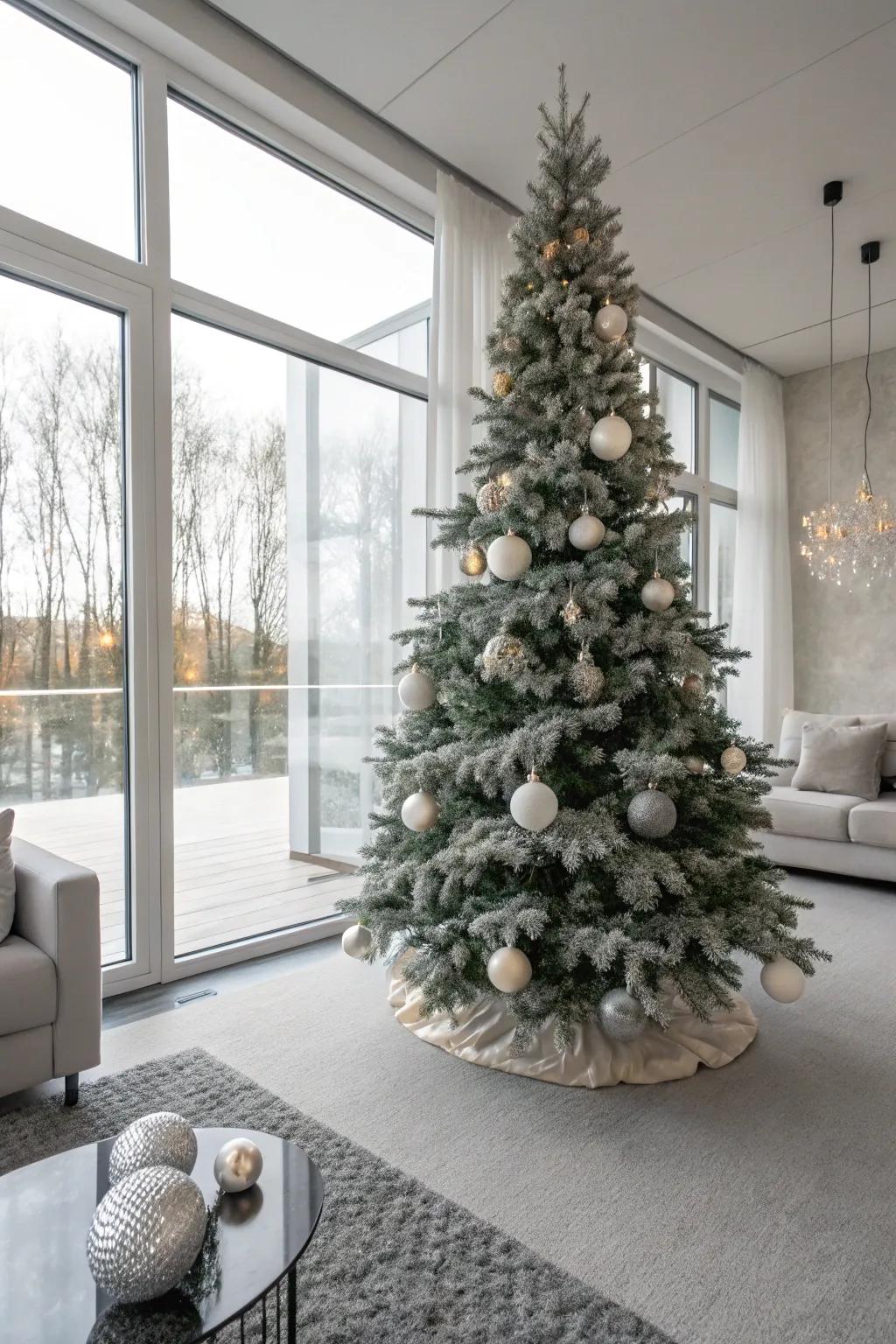 A minimalist and elegantly understated flocked Christmas tree showcasing subdued hues.