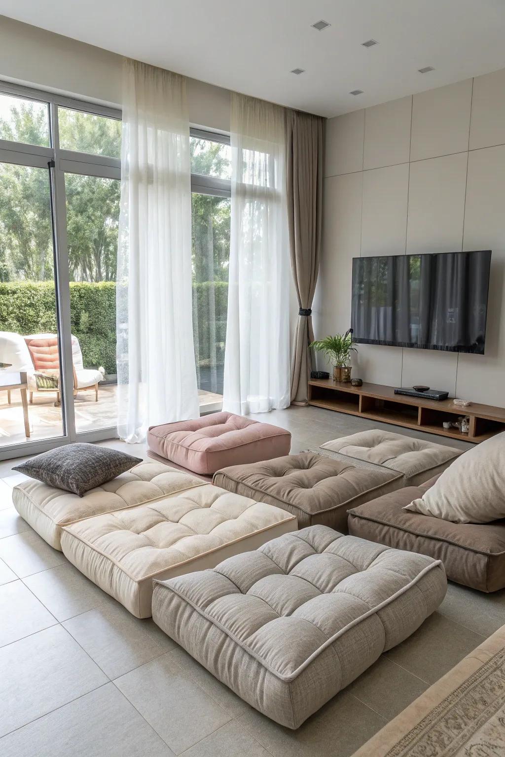 Adaptable floor seating provides versatility and contemporary charm.
