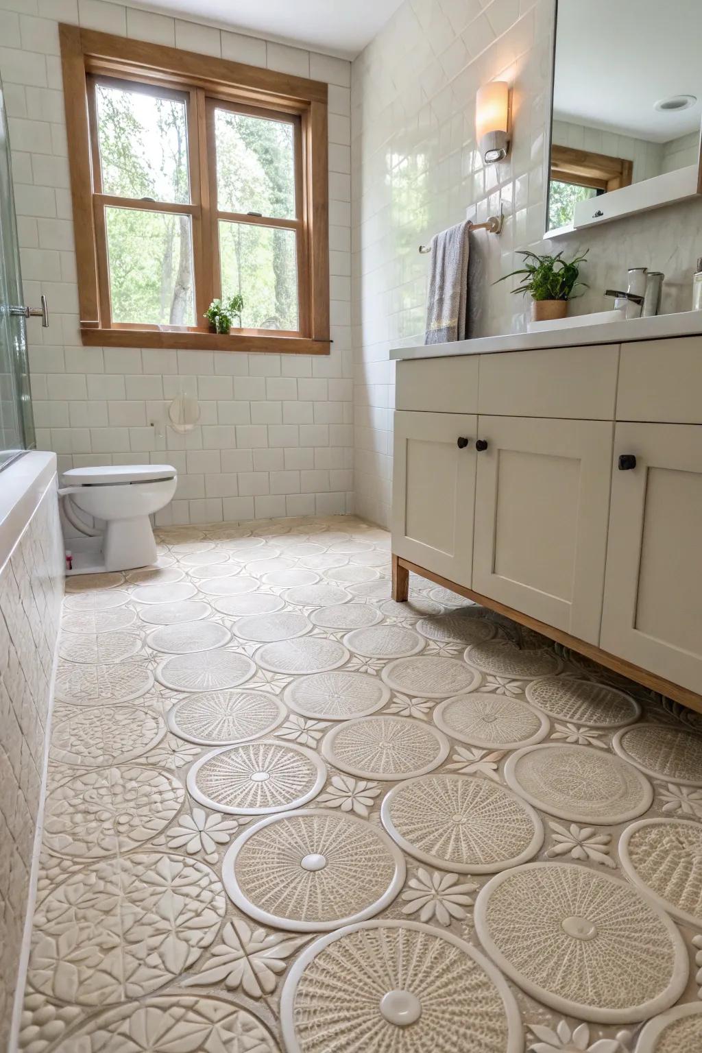 Uneven panels introduce well-being and style to bathing area floors.