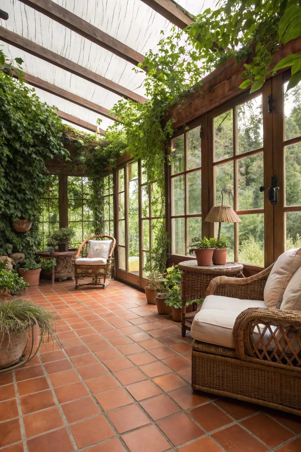 Sunroom with cozy clay tile flooring.