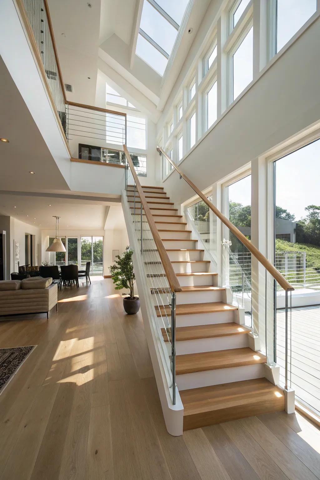 Open staircase designs enhance the modern aesthetic through their minimalist construction.