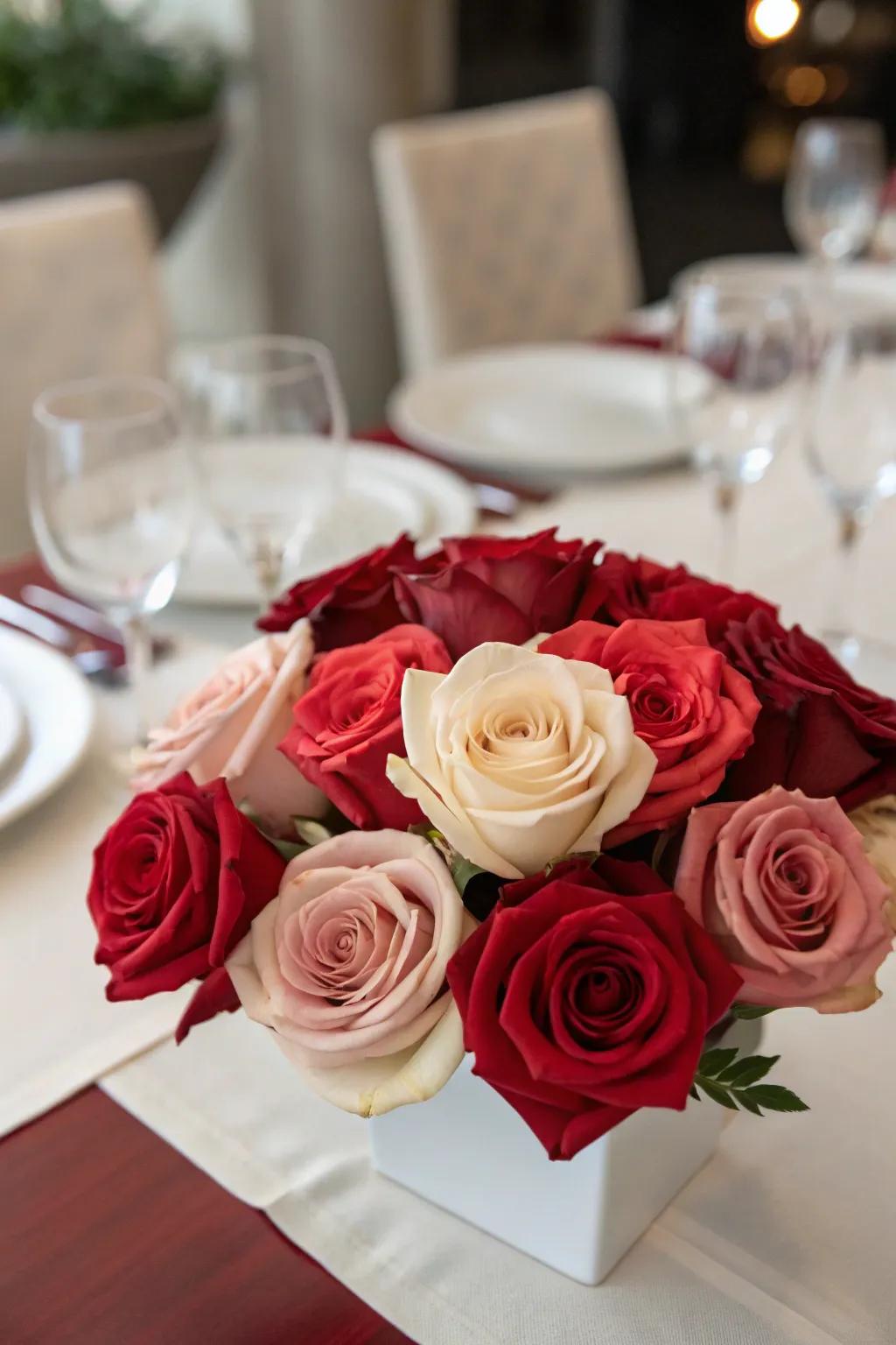 Single-color rose centerpiece, producing a stylish and consistent look.